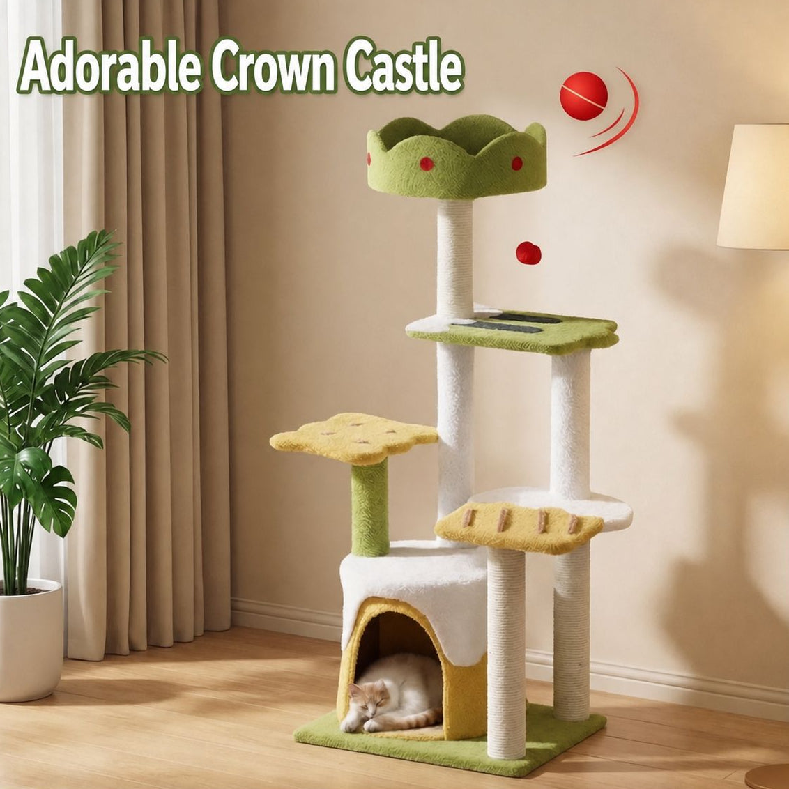 A multi-level cat tree and playhouse set in a warm beige living room. The product features green felt platforms, white posts wrapped in cat-friendly carpet, a yellow scratching surface, and a white-and-yellow enclosed cat house where a cat is curled up inside.