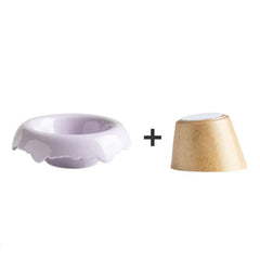 Lavender ceramic pet bowl with scalloped edge + wooden stand for cats and dogs