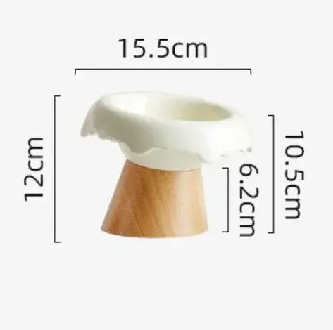 Elevated ceramic pet bowl with wooden stand, 15.5cm wide, for cats and dogs