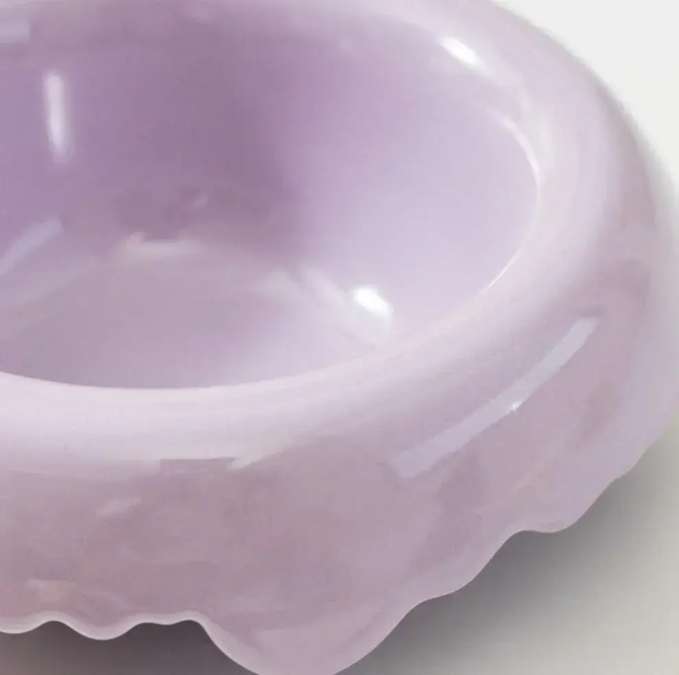 Lavender pet bowl with scalloped edge, stylish cat or dog feeding dish