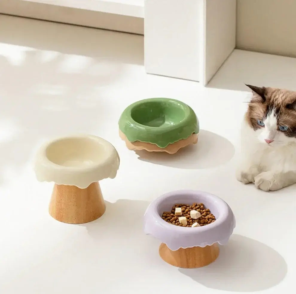 Stylish elevated cat food bowls in pastel colors with wooden bases, perfect for modern pet homes