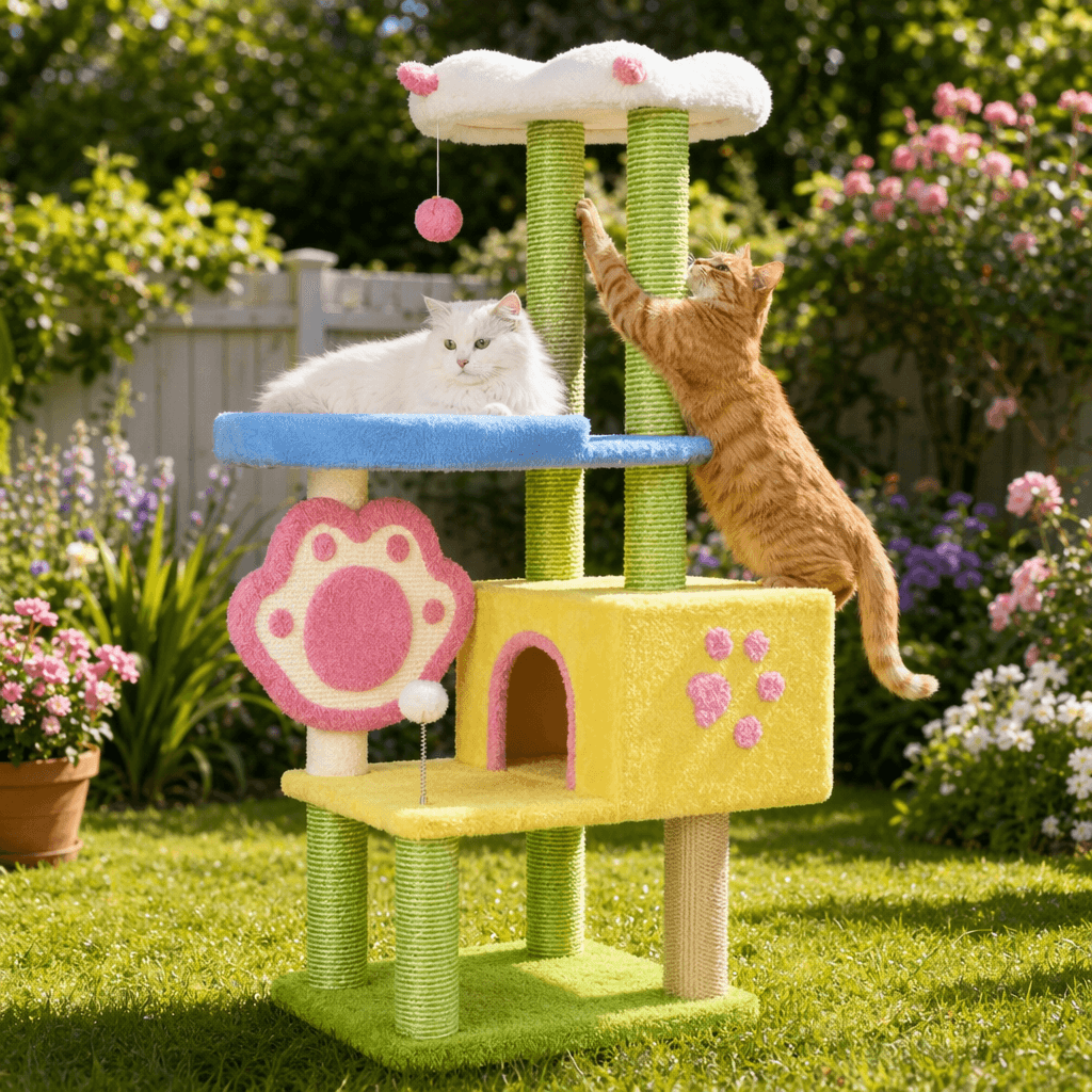 Cat Tree Tower with 360° Rotating Scratch Pad and Sisal Posts 125cm featuring playful cats in a sunny garden.