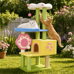 Cat Tree Tower with 360° Rotating Scratch Pad and Sisal Posts 125cm featuring playful cats in a sunny garden.