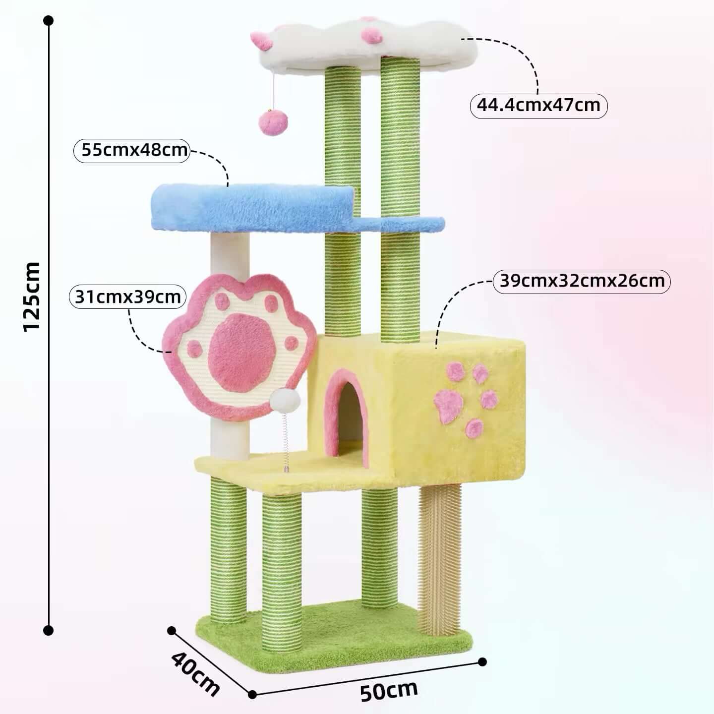 Cat Tree Tower with 360° Rotating Scratch Pad and Sisal Posts 125cm dimensions and features displayed.