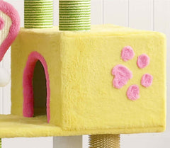 Cat Tree Tower with 360° Rotating Scratch Pad and Sisal Posts 125cm close-up of soft yellow base with pink paw prints.