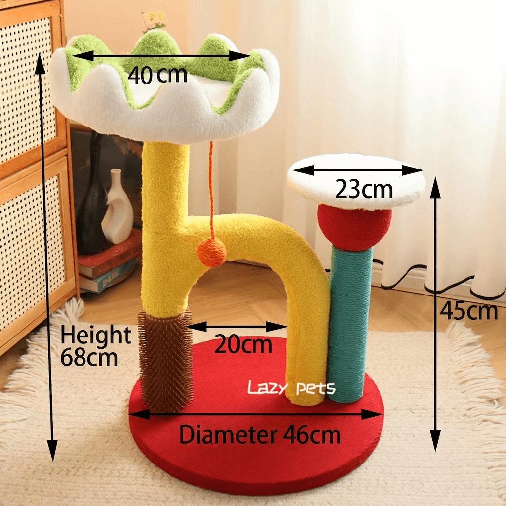 Lotus Flower Cat Tree Tower — 68cm Arch Cat Scratcher with Sisal Post & Flower Nest dimensions and design features showing height and base diameter.