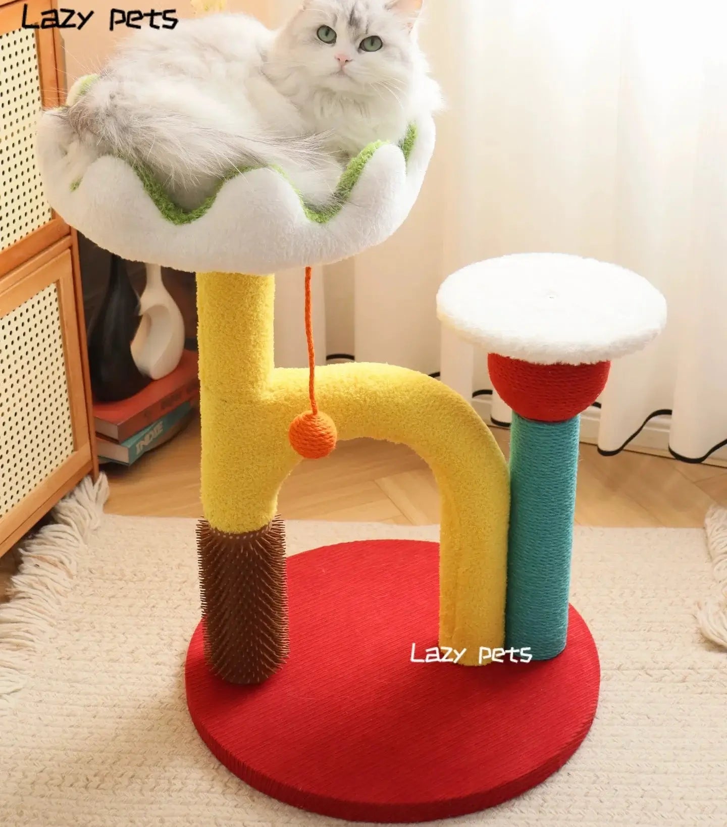 Lotus Flower Cat Tree Tower — 68cm Arch Cat Scratcher with Sisal Post & Flower Nest with a cat lounging on it.