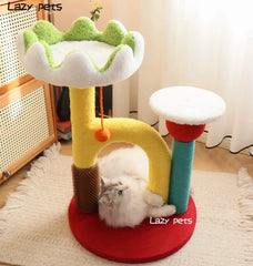 Lotus Flower Cat Tree Tower — 68cm Arch Cat Scratcher with Sisal Post & Flower Nest featuring a playful cat.