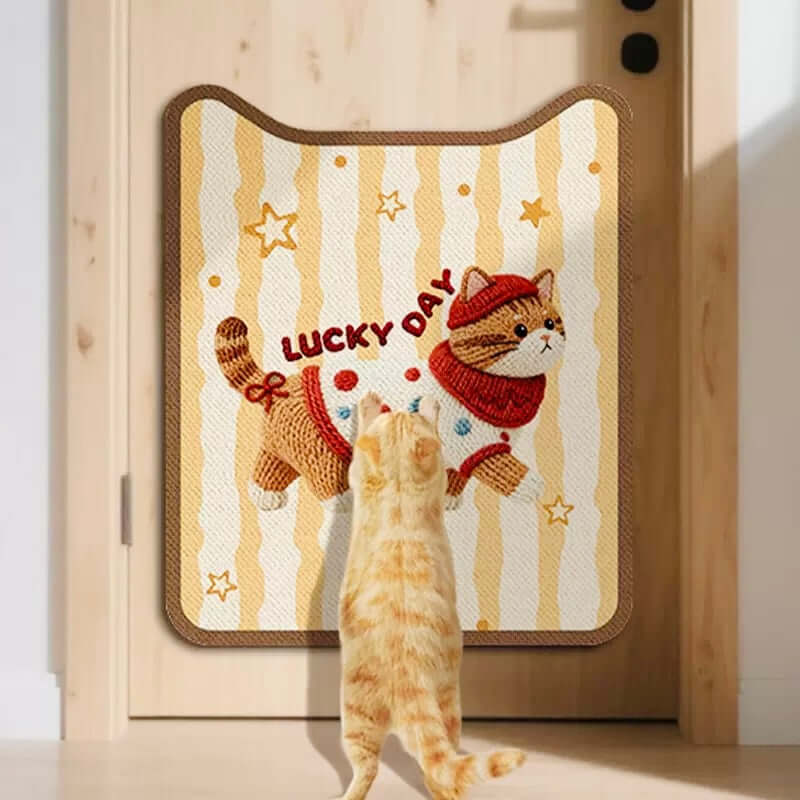 Lucky Day Self-Adhesive Cat Scratcher Removable Wall Protector Brown displayed with a cat in front of it.