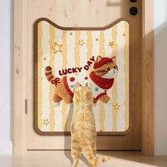 Lucky Day Self-Adhesive Cat Scratcher Removable Wall Protector Brown displayed with a cat in front of it.