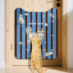 Lucky Day Self-Adhesive Cat Scratcher Wall Protector with cat design on a door.