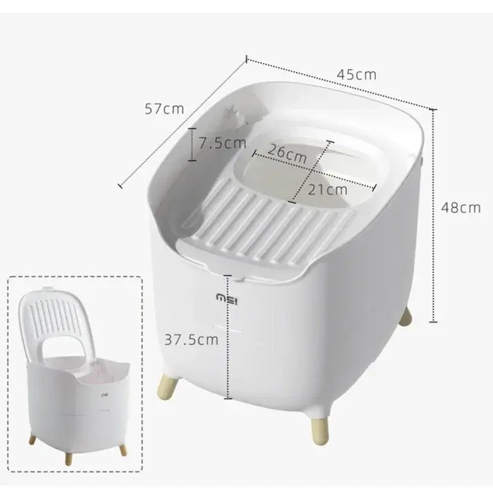 White pet litter box with dimensions, wooden legs, and lid for cats or dogs