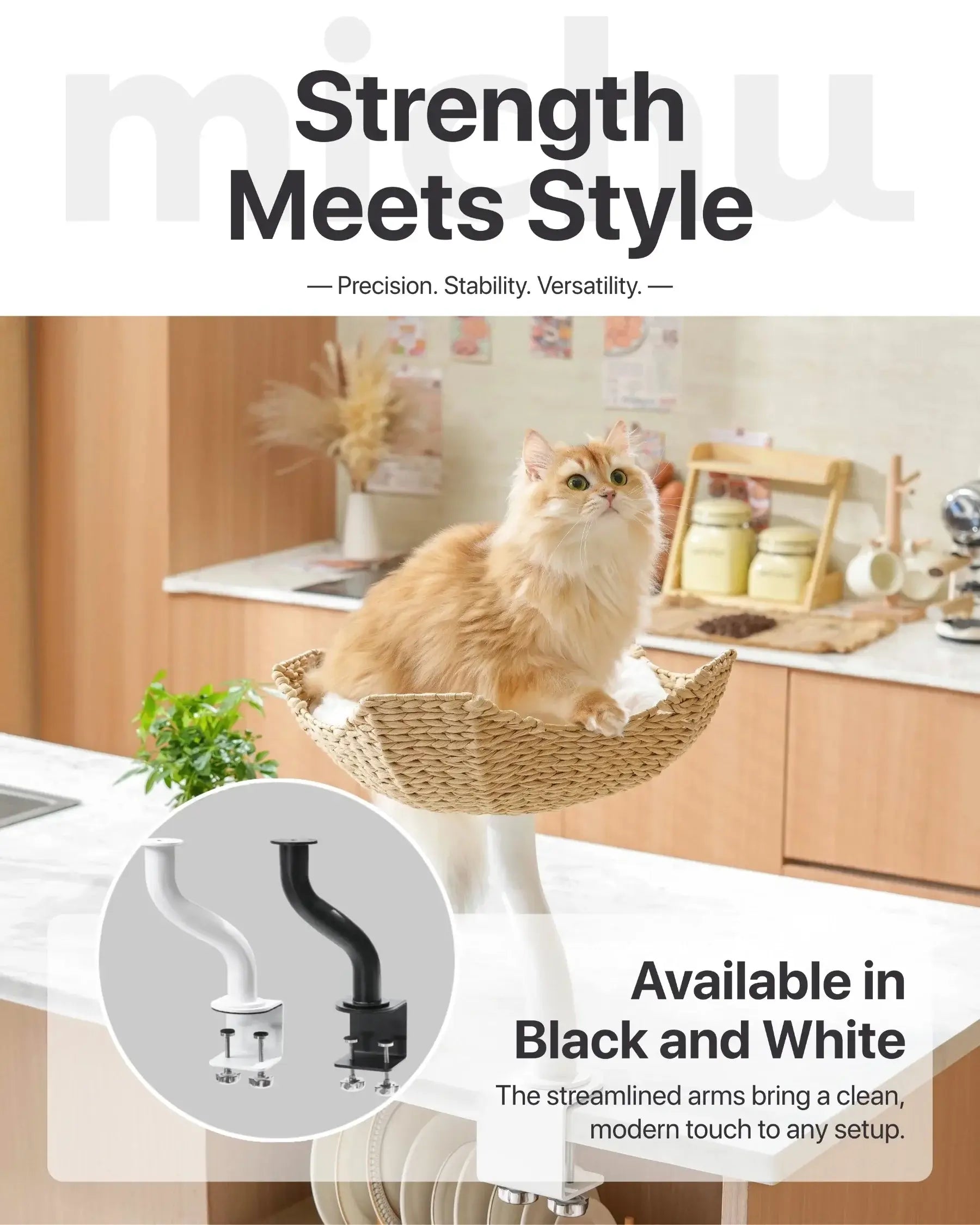 Michu DeskMate Desk-Mounted Cat Tree Perfect For WFH showing a cat perched on a stylish perch in a modern kitchen.