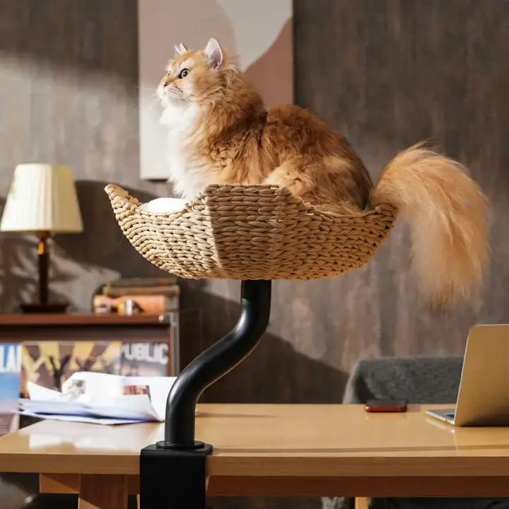 Michu DeskMate Desk-Mounted Cat Tree Perfect For WFH featuring a cat perched comfortably on a woven basket.