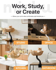 Michu DeskMate Desk-Mounted Cat Tree Perfect For WFH displayed in various home settings like studio, office, kitchen, and bathroom.