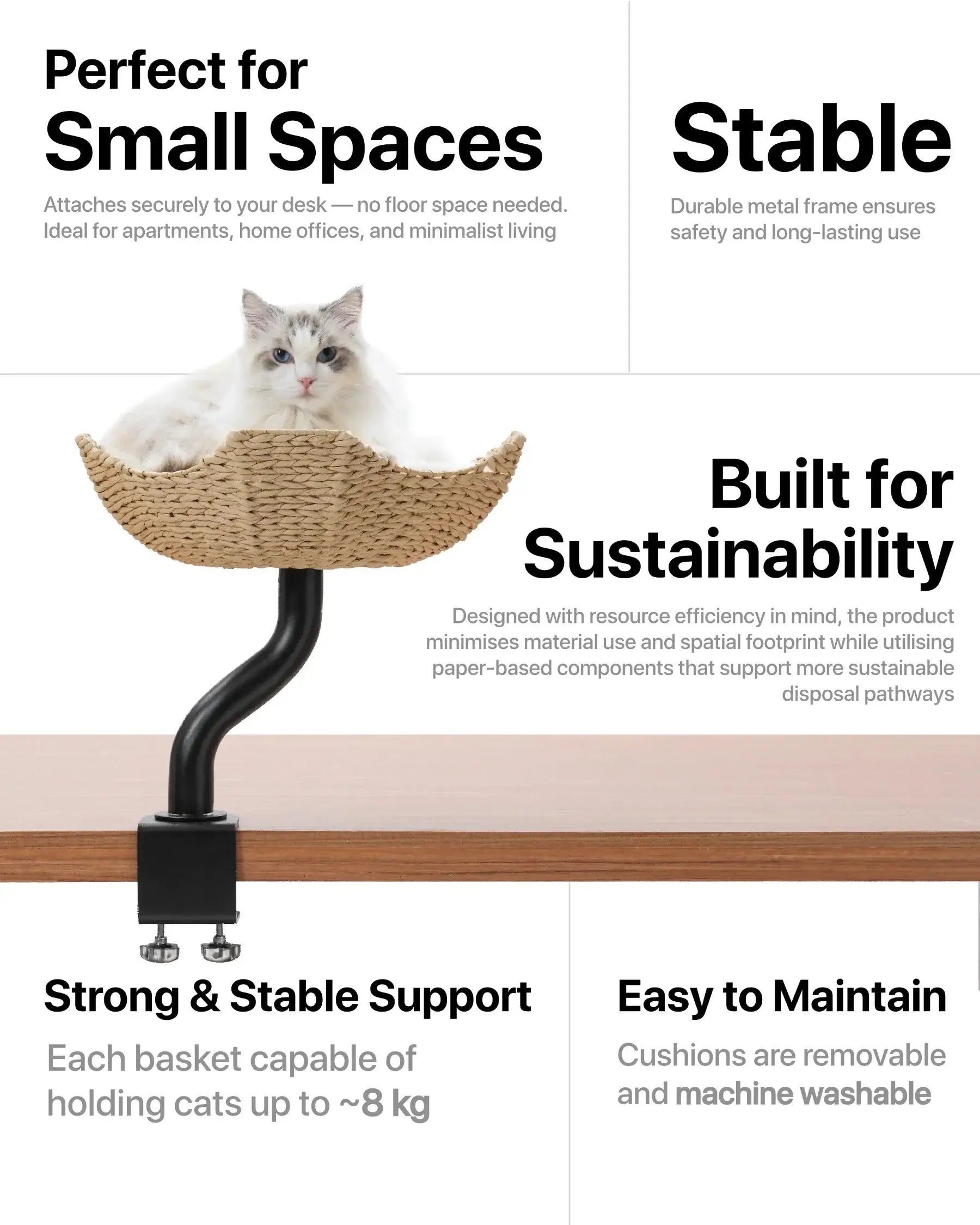 Michu DeskMate Desk-Mounted Cat Tree Perfect For WFH with cat perched in a sustainable, space-saving design.