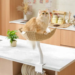 Michu DeskMate Desk-Mounted Cat Tree Perfect For WFH with a cat lounging on a stylish perch in a modern kitchen.