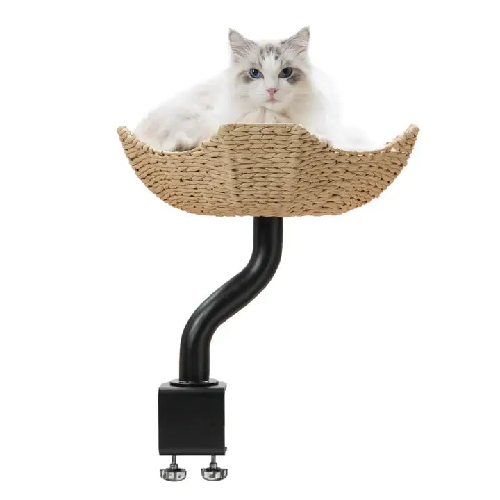 Michu DeskMate Desk-Mounted Cat Tree Perfect For WFH featuring a cat lounging in a stylish woven perch.