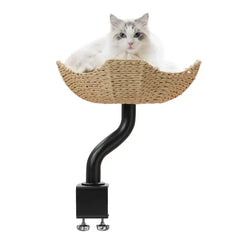 Michu DeskMate Desk-Mounted Cat Tree Perfect For WFH featuring a cat lounging in a stylish woven perch.