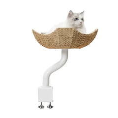 Michu DeskMate Desk-Mounted Cat Tree Perfect For WFH featuring a cozy cat perch with a white cat.