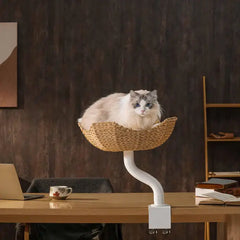 Michu DeskMate Desk-Mounted Cat Tree Perfect For WFH with cat lounging on a stylish perch in home office