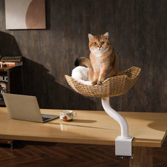 Michu DeskMate Desk-Mounted Cat Tree Perfect For WFH with a cat sitting comfortably on a woven perch by a desk.