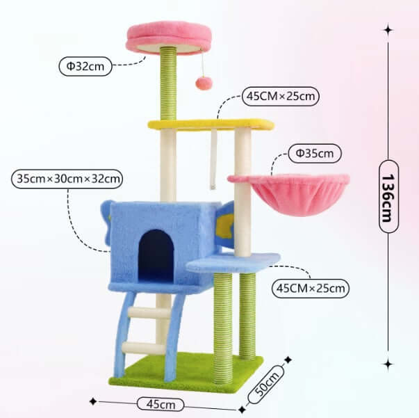 Multi-Level Cat Tree Tower with Hammock and Sisal Posts 136cm dimensions and features for indoor cats.