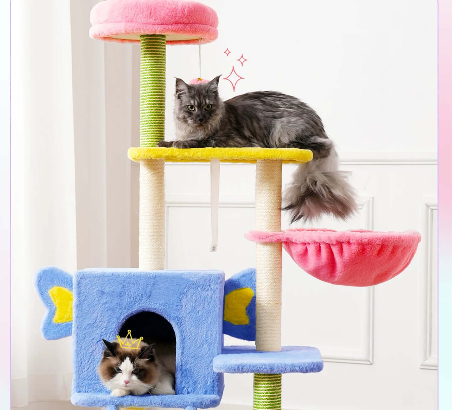 Multi-Level Cat Tree Tower with Hammock and Sisal Posts 136cm featuring colorful design and playful cats.