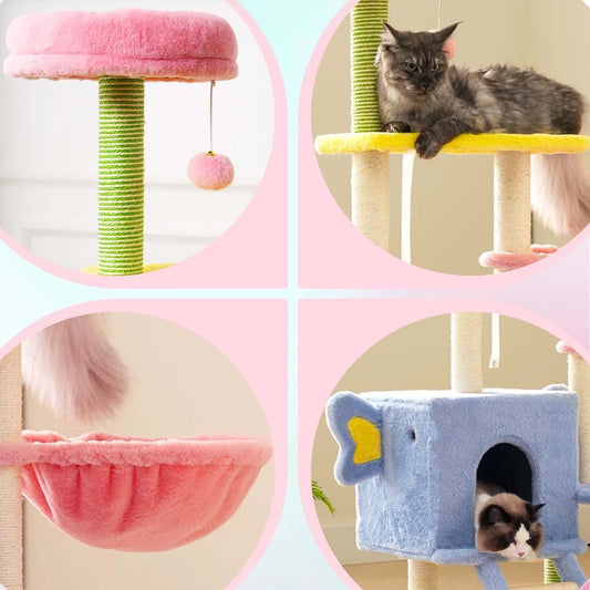 Multi-Level Cat Tree Tower with Hammock and Sisal Posts 136cm featuring colorful platforms and cozy hammock for cats.