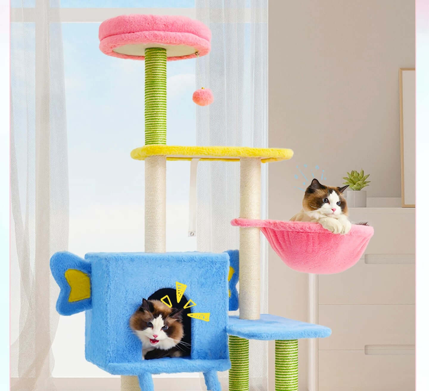 Multi-Level Cat Tree Tower with Hammock and Sisal Posts 136cm featuring playful cats in a colorful indoor setting.