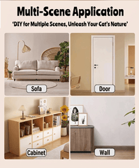 Multi-scene application showcasing Lucky Day Self-Adhesive Cat Scratcher Wall Protector on sofa, door, cabinet, and wall.