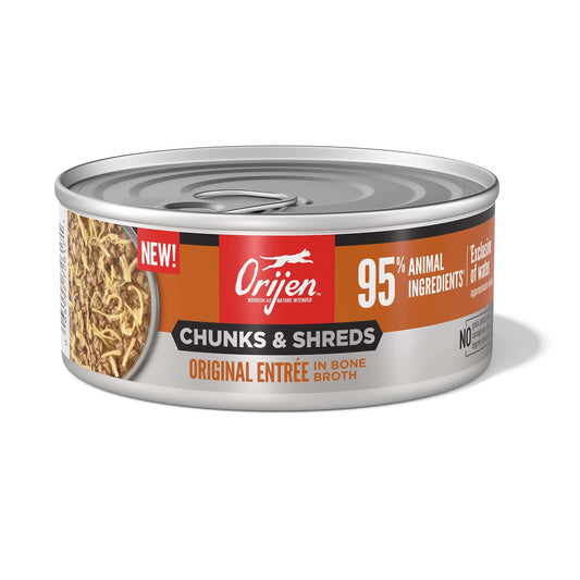 ORIJEN Original Chunks & Shreds Adult Wet Cat Food 155g ×6 can with 95% animal ingredients.