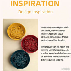 Stylish slow feeder bowls for dogs and cats, featuring pet-safe design with flower petal patterns in yellow, red, and blue.