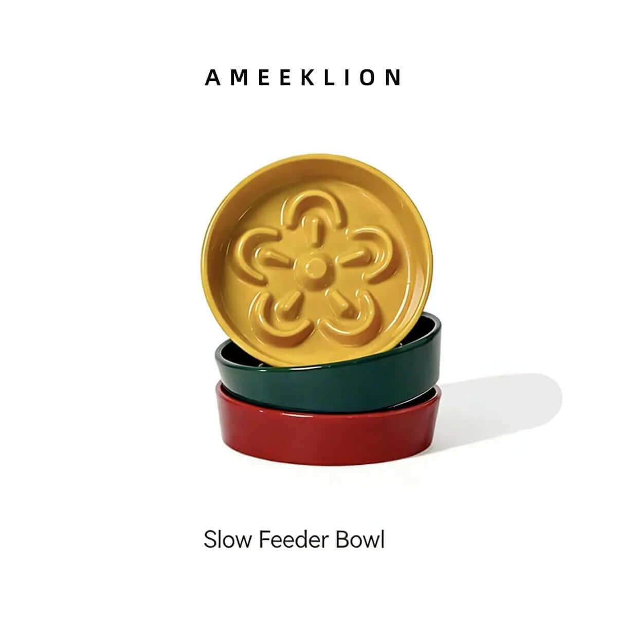 AMEEKLIION slow feeder bowl for dogs and cats, featuring flower-shaped design in mustard, green, and red