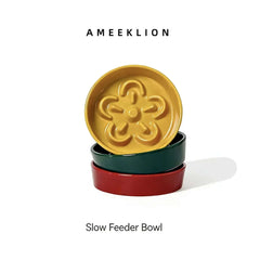 AMEEKLIION slow feeder bowl for dogs and cats, featuring flower-shaped design in mustard, green, and red