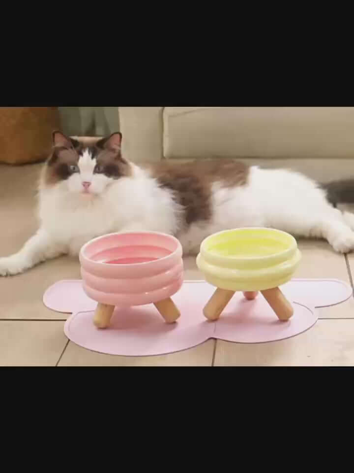 Gulu Ceramic Pet Bowls with Wood Stand Elevated Cat & Dog Feeder
