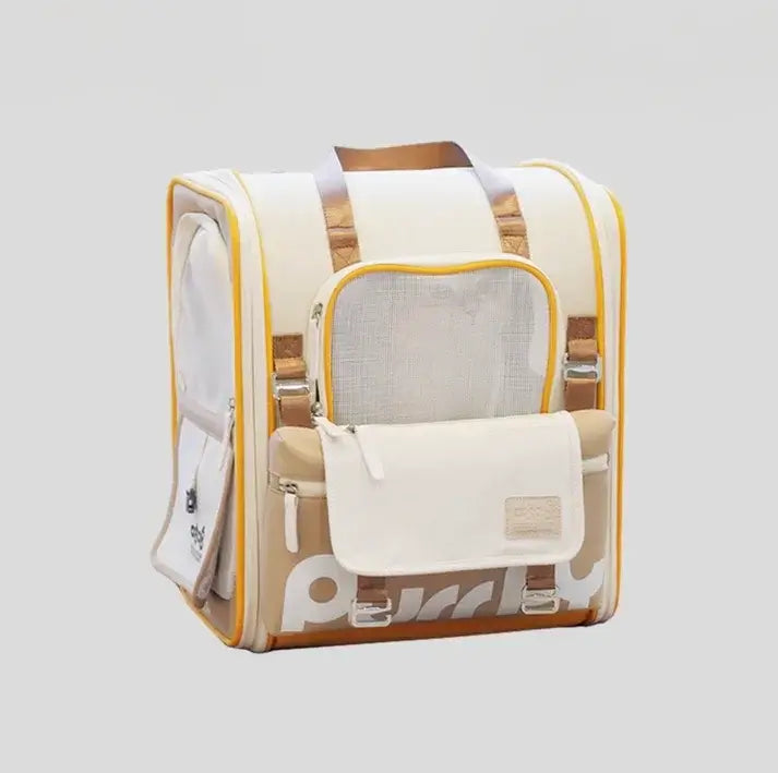 Cream and yellow pet carrier backpack with mesh window, ideal for cats and dogs