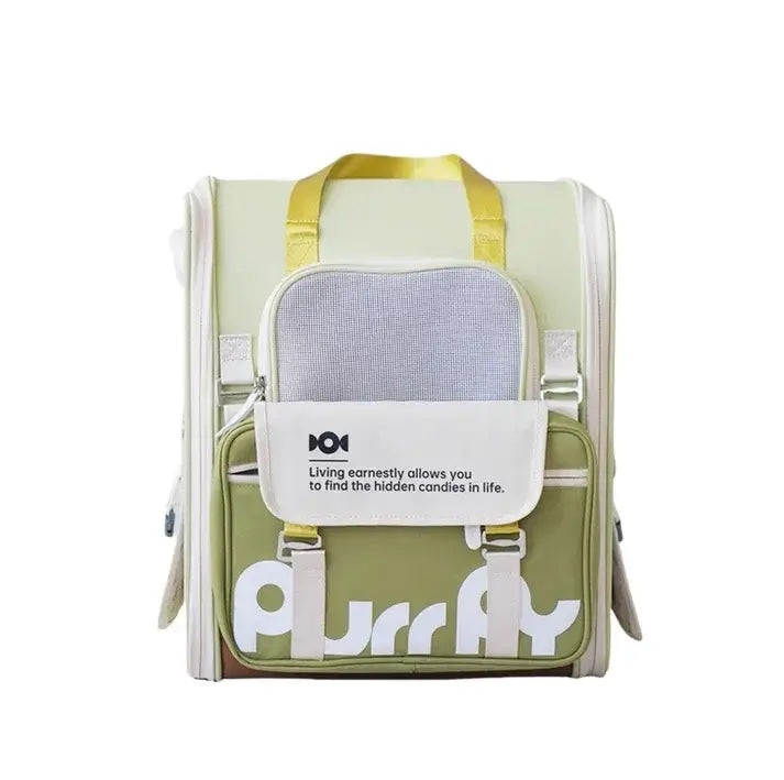 Stylish green pet carrier with mesh window and yellow straps for cats and dogs