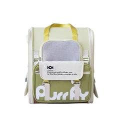 Stylish green pet carrier with mesh window and yellow straps for cats and dogs