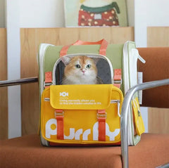 Orange cat peeking from stylish green and yellow Purrly pet carrier bag, perfect for cat travel and transport.