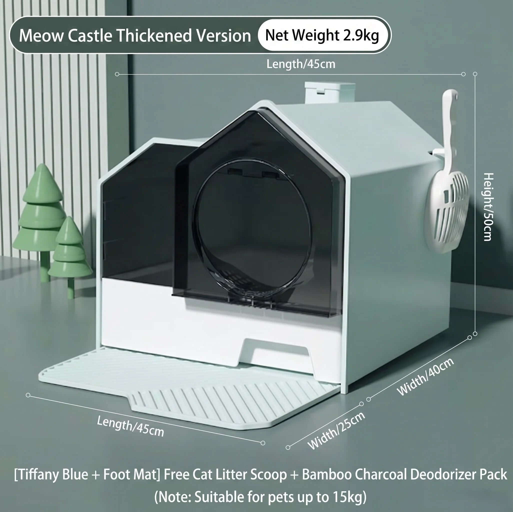 Tiffany Blue Meow Castle cat litter box with foot mat, scoop, and deodorizer pack, 45x40x50cm