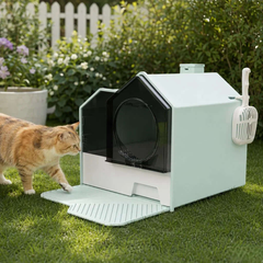 Cat approaching modern enclosed litter box in garden, mint green with black entrance and scoop