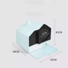 Modern cat litter box with house design, 45cm height, 40cm width, 21cm entrance, mint green and black